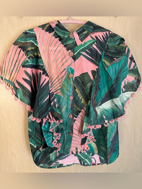 FARM Rio Tops - FARM Rio Pink and Green Tropical Leaf Ruffle Blouse